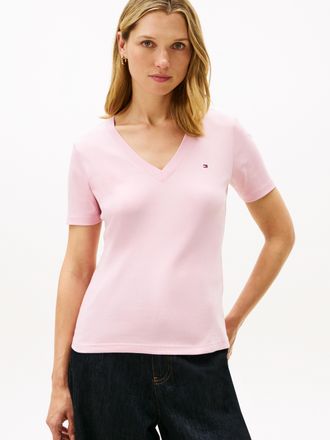 Tommy Hilfiger T-Shirt TOMMY HILFIGER SLIM CODY V-NK SS mit V-Ausschnitt und Streifen, Damen, Gr. XXL (44), pink, Jersey, Obermaterial: 100% Baumwolle, unifarben, sl