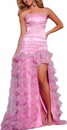 Jovani Sleeveless A-Line Gown With Ruffled Overlay In Pink/print