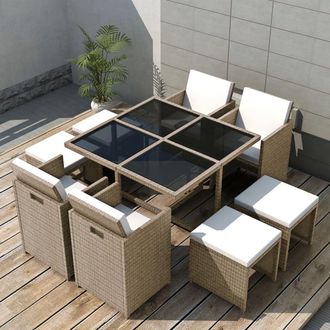 vidaXL Set Comedor De Jard&iacute;n 9 Piezas Y Cojines Rat&aacute;n Sint&eacute;tico Beige Vidaxl