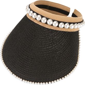 Generic Straw Visor Hats for Women Foldable Wide Brim Pearl Roll Up Sun Visor Hat Baseball Cap Beach Ponytail Hats Empty Top Outdoor Travel Adjustable Spring 