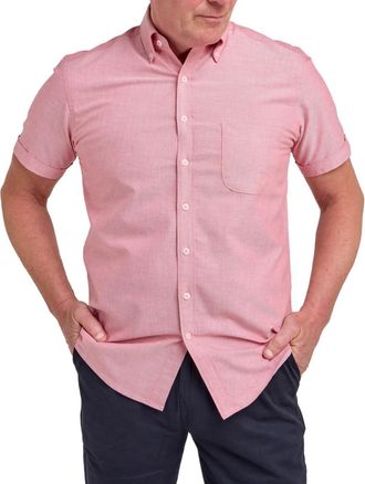 Double TWO Coral Mens Washed Oxford Shirt Short Sleeve Button Collar Smart Casual Cotton Shirt | 3XL