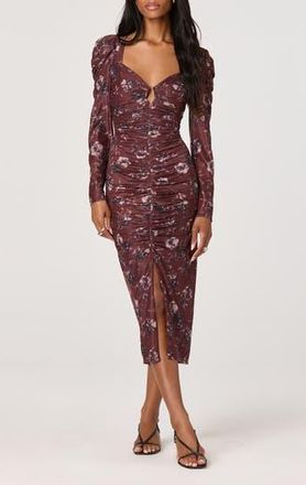 ASTR the Label Long Sleeve Ruched Mesh Midi Dress in Burgundy Floral at Nordstrom Rack, Size X-Small