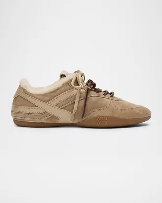 Miu Miu Gymnasium Suede and Shearling Low-Top Sneakers
