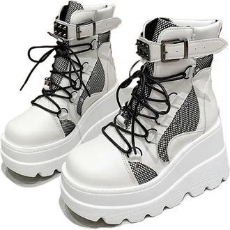 Generic Punk Women Punk Gothic Motorcycle Boots Platform Chunky High Heel Ankle Boot Ladies Cool Wedge Black Female Shoes(White,10.5US)