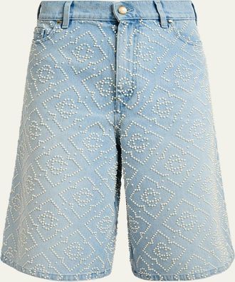 Casablanca Mens Pearly Monogram Wide-Leg Denim Shorts