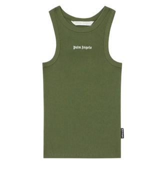 Palm Angels Green Logo Round Neck Tank Top