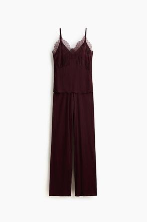 H&M Lace-trimmed Jersey Pyjamas in Burgundy at Nordstrom, Size Xx-Small