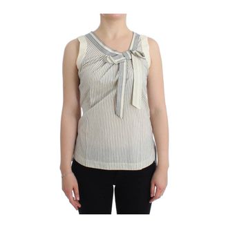 Ermanno Scervino Tops, Dames, Wit, S, Katoen, Gestreept katoen-zijde top met strik