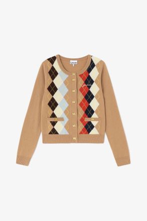 Ganni Beige Argyle Print Cardigan - Size XXS Wool