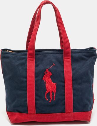 Ralph Lauren Navy Blue/red Canvas Embroidered Tote