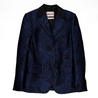 Roberto Cavalli Black and Antique Blue Jacquard Blazer, Brand Size 38 ( US Size 4 )