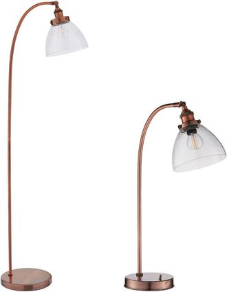 Loops Standing Floor & Table Lamp Set Aged Copper Glass Shade Retro Industrial Light