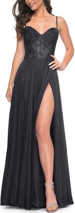 La Femme Chiffon and Lace Gown with Bustier Top in Black at Nordstrom, Size 12