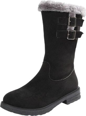 Generic Black Women Fashionable Plus Velvet Warm Snow Boots Featuring Round Toe and Side Zipper Design Low Heel Mid-Calf