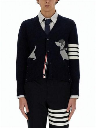 Thom Browne Tailored V-Neck Cardigan With Dog Motifs And Bold Stripes