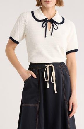 Adrianna Papell Tie Peter Pan Collar Seed Stitch Short Sleeve Sweater in Ivory/Blue Moon at Nordstrom Rack, Size X-Small