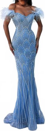 Portia & Scarlett Off Shoulder Sheath Dress In Blue/silver