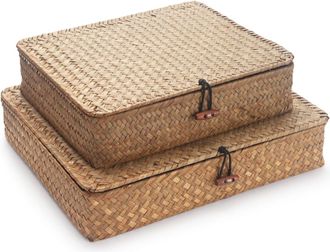 OEM Cestas Rectangulares Con Tapa, Cestas De Almacenamiento De Rat&aacute;n Y Junco Marino, 2 Piezas (grande + Peque&ntilde;a)