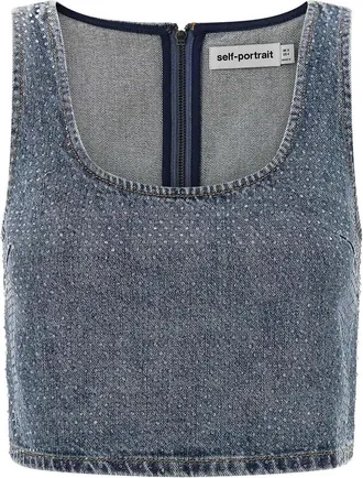 Self Portrait Rhinestone Denim Crop Top