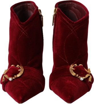 Dolce & Gabbana Dark Red Velvet Devotion Buckle Boots Womens Shoes