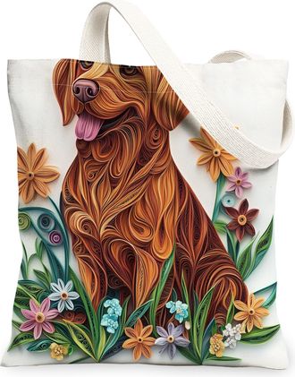 Generic Paper Quilling Labrador Retriever Dog Canvas Tote Bag for Shopping 13x15, Fun Wildflower Puppy Reusable Grocery Print Pattern Bag for Women, Pet Beach