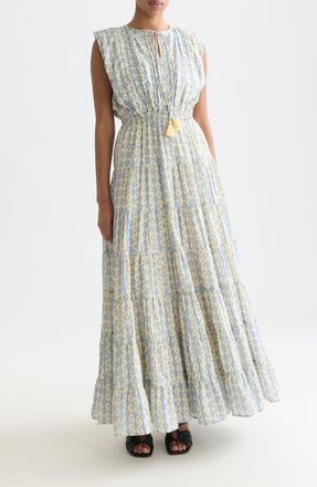 Scotch & Soda Abstract Print Tiered Cotton Blend Maxi Dress in Cactus Stripe Placed Raffia at Nordstrom, Size 10 Us