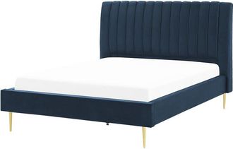 Beliani Cama Con Somier De Terciopelo Azul Oscuro Dorado 140 X 200 Cm Reposacabezas Marville