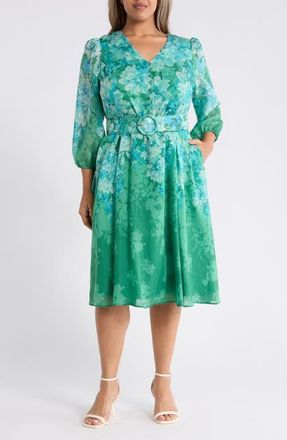 Tahari by ASL Long Sleeve Printed Midi Dress in Green at Nordstrom, Size 24W