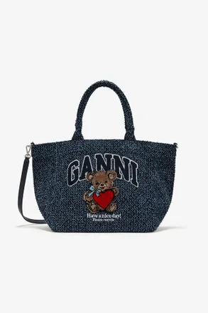 Ganni Navy Tweed Denim Small Bear Tote