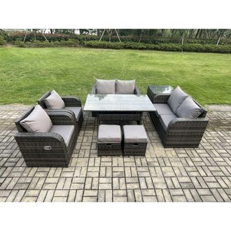 Fimous Rattan Outdoor Furniture Garden Dining Set Rectangular Table and Chair Sofa Set With Side Table 2 Small Footstools Dark Grey Mixed - Fimous