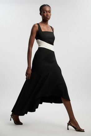 Karen Millen Womens Compact Stretch Strappy Asymmetric Hem Maxi Dress - Monochrome Multi - Size 12 UK