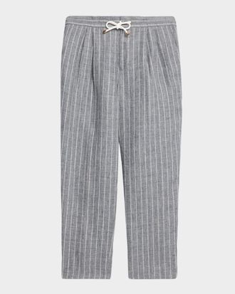 Brunello Cucinelli Men & apos;s Linen Pinstripe Pleated Drawstring Trousers