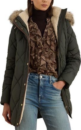 Lauren Ralph Lauren Faux Fur Trim Hooded Puffer Jacket in Litchfield Loden at Nordstrom, Size X-Small