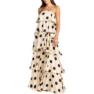 Mac Duggal Strapless Polka Dot Charmeuse Ruffle Gown in Cream Black at Nordstrom, Size 12