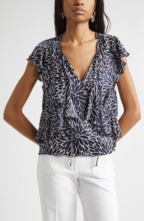 Ramy Brook Julianne Ruffle Top in Navy Burnout at Nordstrom, Size Xx-Small