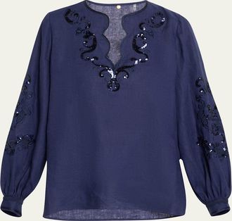 Kobi Halperin Soraya Sequin Embroidered Linen Blouse