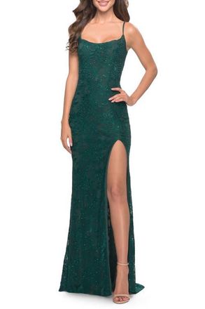 La Femme Simple Stretch Lace Dress with Slit in Dark Emerald at Nordstrom, Size 14