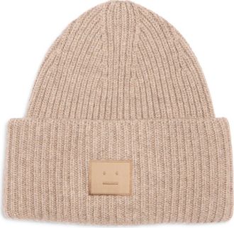 Acne Studios Pansy Face Patch Wool & Yak Hair Blend Beanie in Greige Melange at Nordstrom