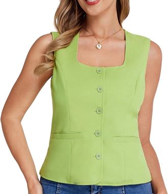 Belle Poque Womens Vintage Vest Summer Square Neck Plain Formal Vest with Pockets Green XL