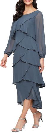S.L. Fashions Beaded Long Sleeve Tiered Cocktail Dress in Slate at Nordstrom, Size 16