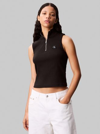 Calvin Klein Jeans Tanktop CALVIN KLEIN JEANS A- WOVEN LABEL SL QZ TOP, Damen, Gr. XXL (46), schwarz, Jersey, Obermaterial: 95% Baumwolle, 5% Elasthan, unifarben, k&ouml;rper