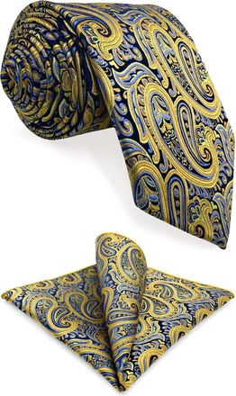 Shlax & Wing Shlax&Wing Mens Necktie Ties Yellow Blue Paisley Silk Fashion Wedding