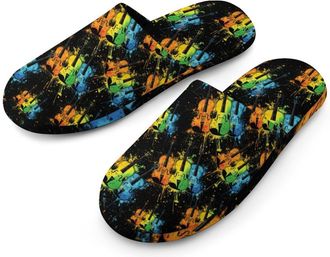 Generic Vintage Guitar Flannel Mens Slip-on Slippers Winter Warm House Shoes with Rubber Sole for Home Hotel