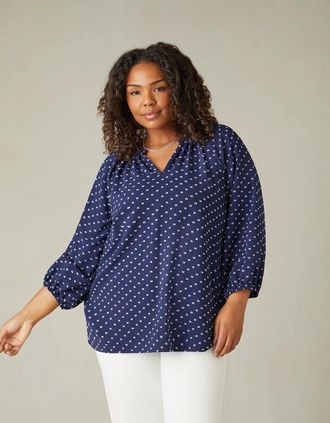 Live Unlimited London Womens Navy Dobby Ruffle Neck Blouse - Blue - Size: 12