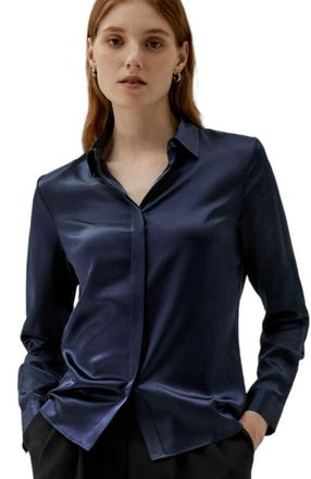 LilySilk Basic Concealed Placket Silk Shirt in Navy Blue at Nordstrom, Size X-Small