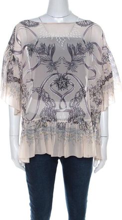 Roberto Cavalli Cream And Brown Silk Chiffon Botanical Print Top