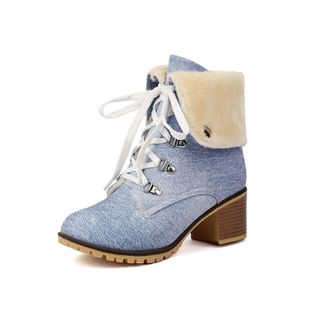Generic Womens Lace Up Warm Winter Boots Round Toe Denim Short Boots Block High Heel Casual Booties,Blue,3.5 UK