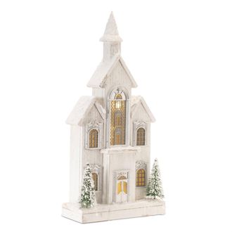 Melrose International LED Flocked Wooden Church 22H - White, Green