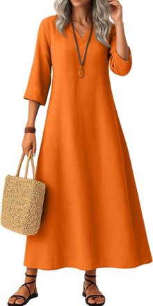 Generic 3/4 Sleeve Linen Dress for Women Casual Summer Cotton Solid Color V Neck Flowy Dress Loose Fit Boho Maxi Dresses Orange