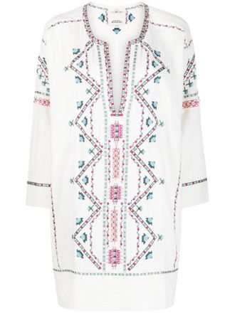 Isabel Marant embroidered split neck minidress - women - Brass/Acrylic/Cotton/Viscose - 38 - White